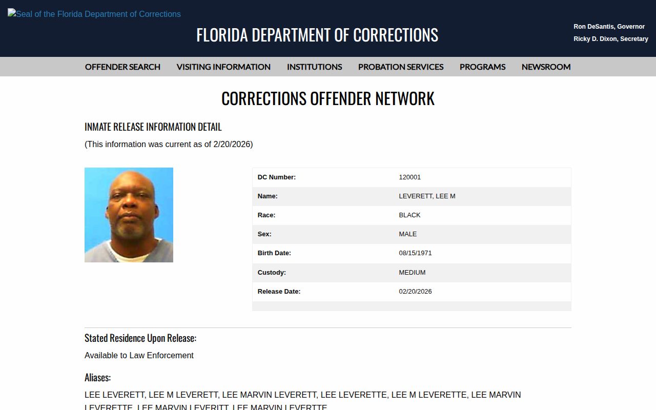 FDC photograph and Broward County state release record example