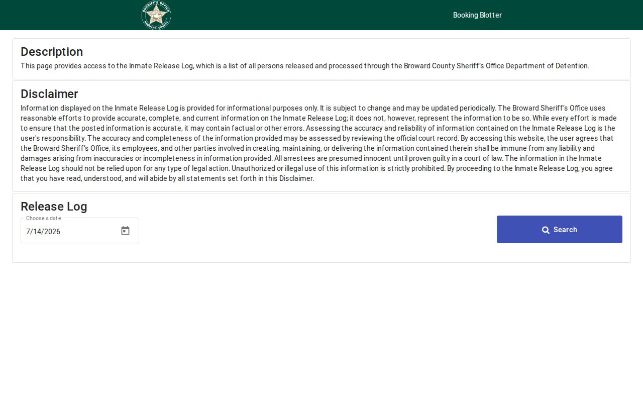 North Broward Bureau release lookup in BSO date log