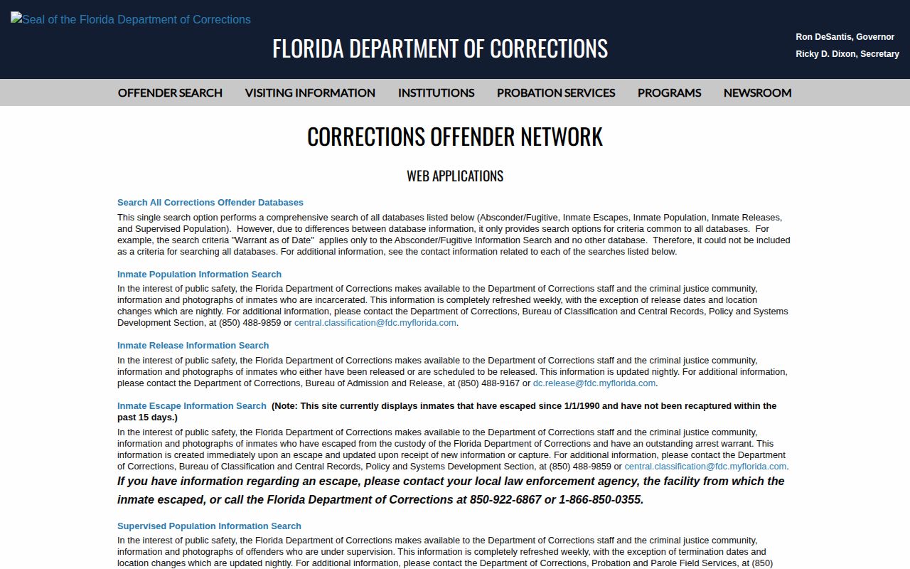 Florida corrections searches for Broward County released inmate records