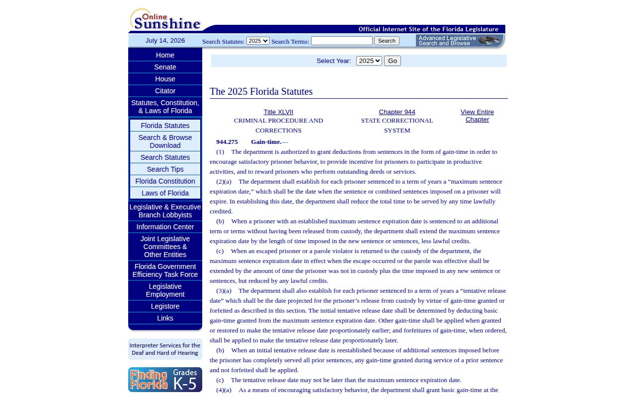 Florida gain-time statute for a Broward County projected release date