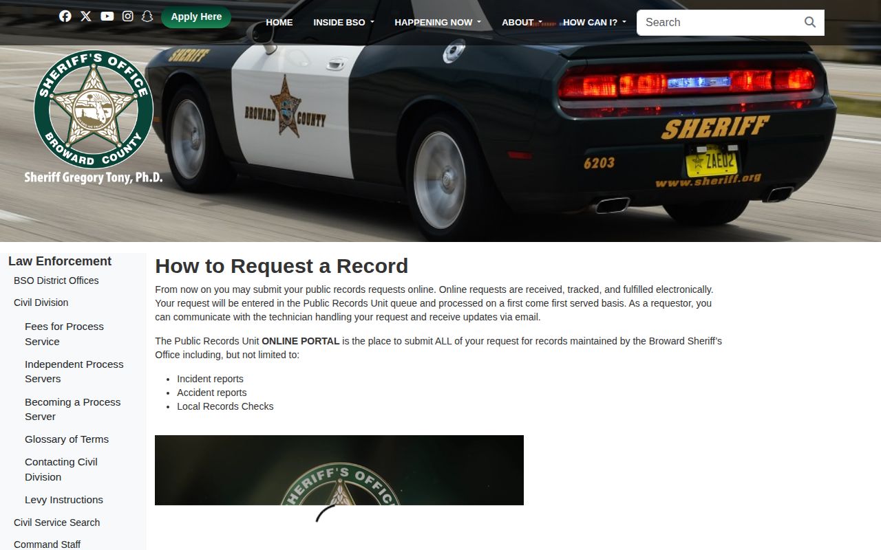 Broward County release mugshot public-record request channels
