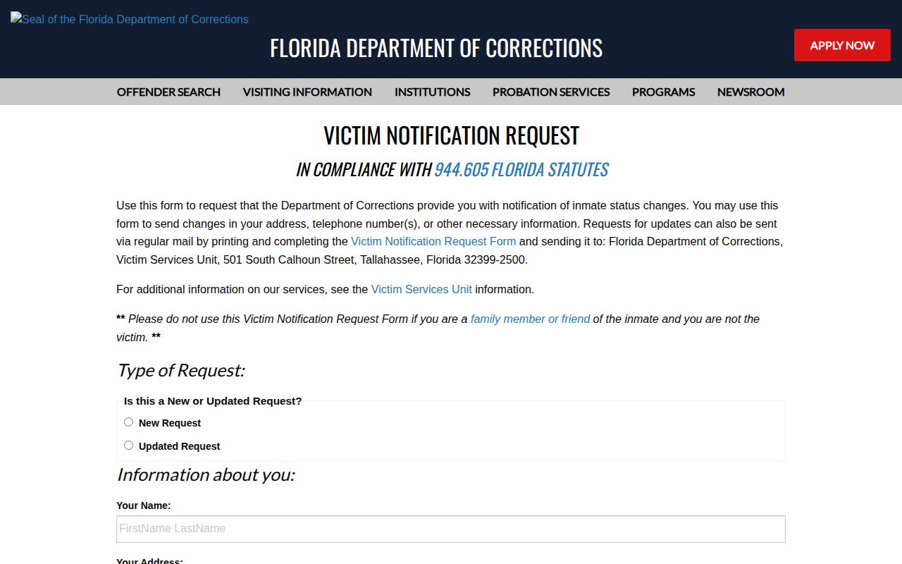 FDC victim notification request for a Broward County inmate release